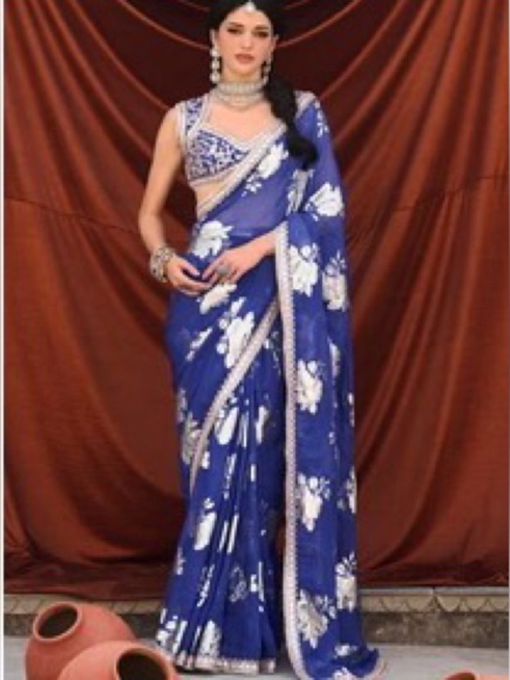 Royal Blue Embroidered Brocade Saree